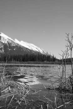 Black and white photo of a serene lake in Banff National Park surrounded by snowy mountains.