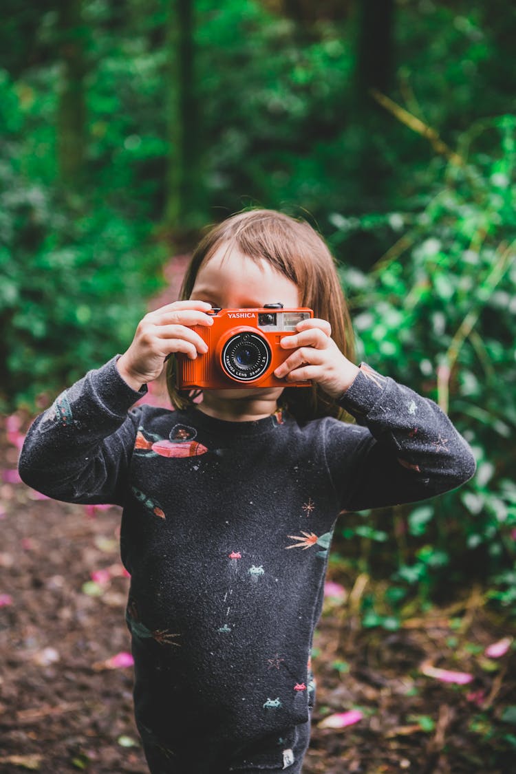 Girl Taking Pictures With Camera In Forest