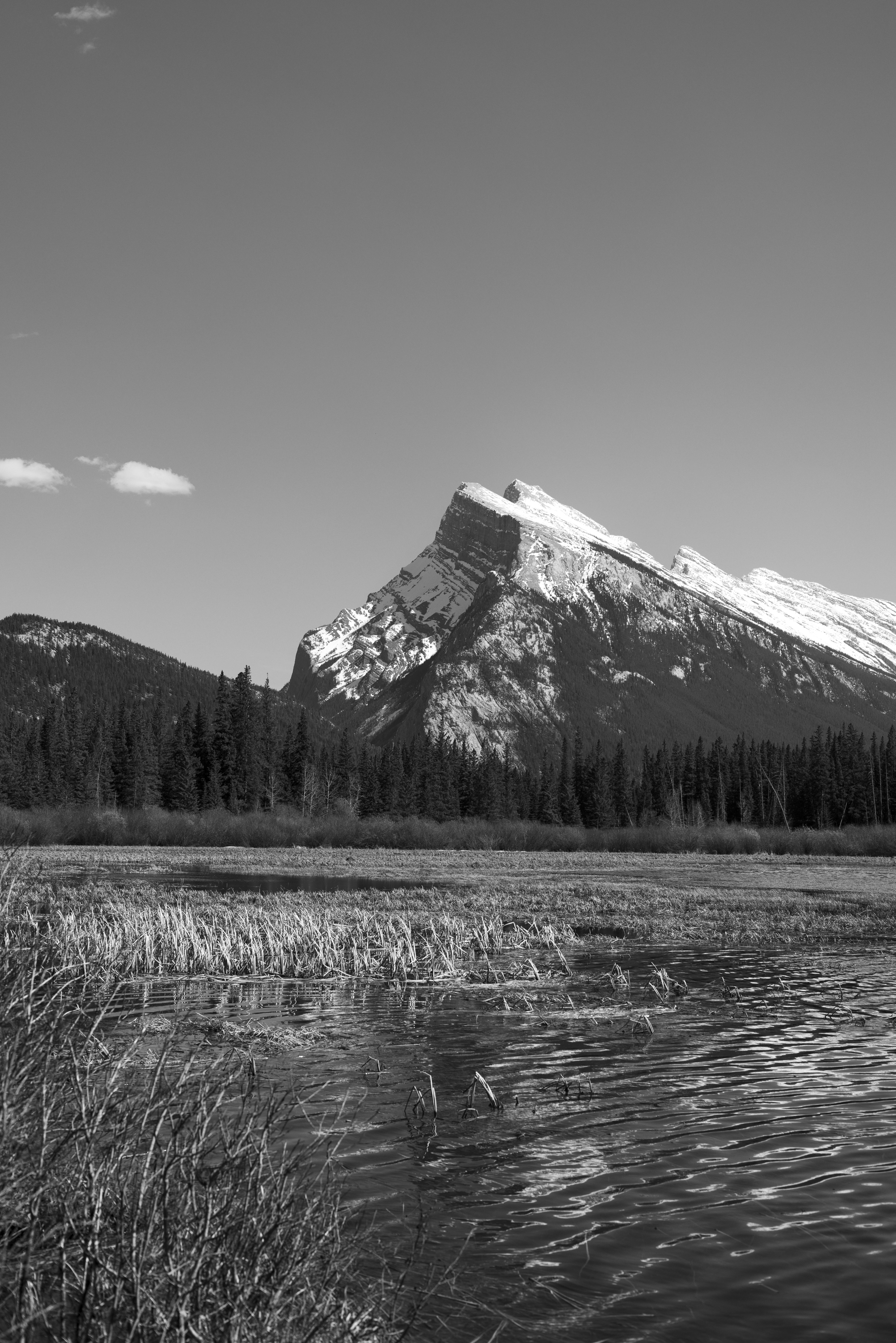 Captivating black and white landscape of Mount Rundle with a serene lake in Banff, Canada.