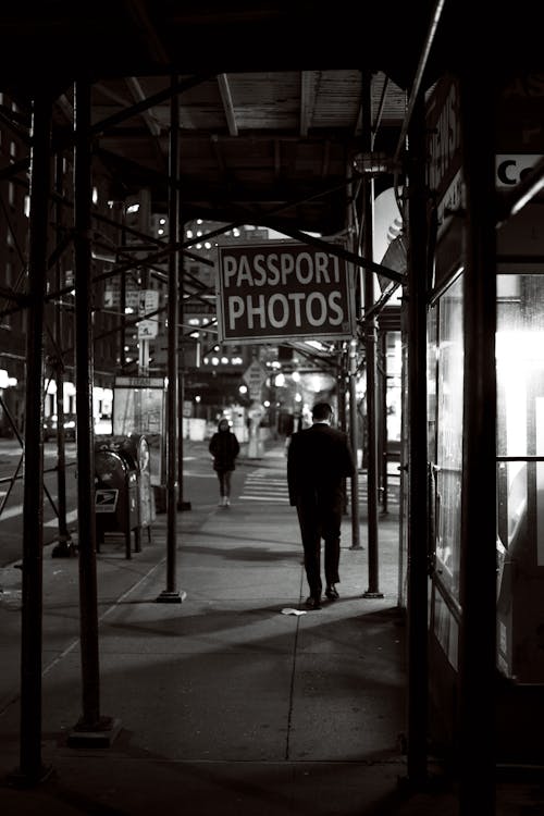 Black and White Picture of the Street in City in the Evening 