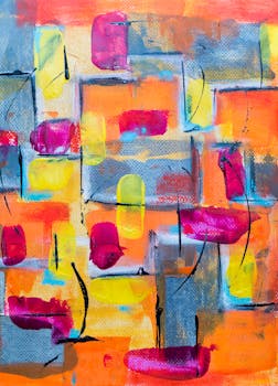 这幅抽象画色彩缤纷，区块与笔触都充满活力