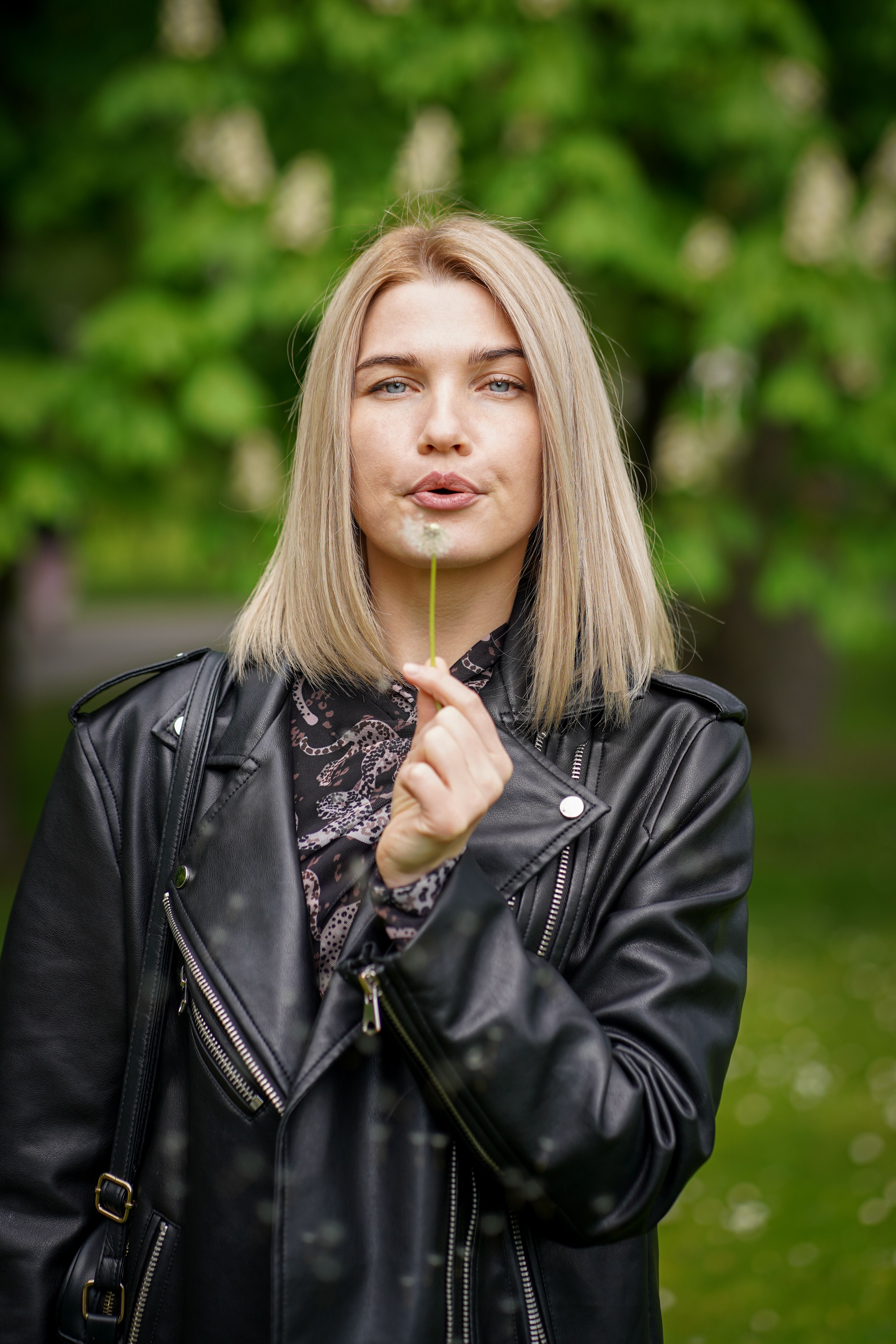 Blonde woman in leather jacket blowing dandelion in a lush green park in spring.