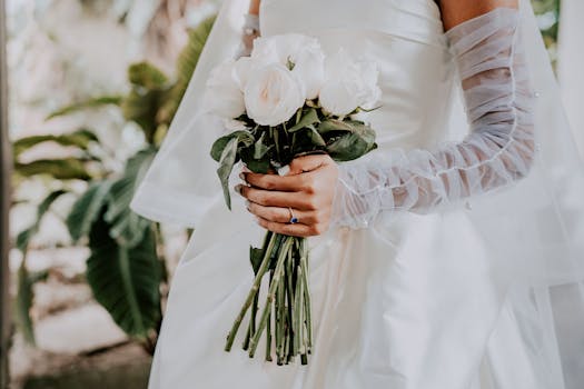 A bride elegantly holds a bouquet of white roses while wearing a wedding dress.
