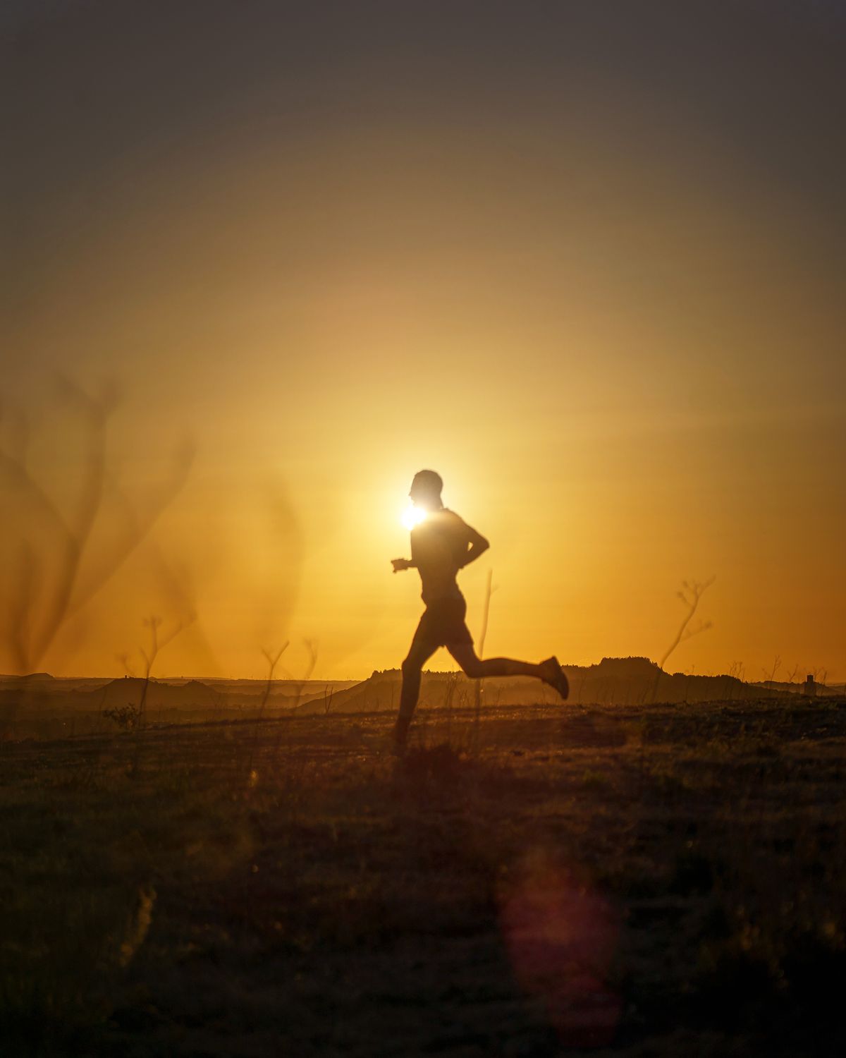 Silhouette of a person jogging outdoors at sunset