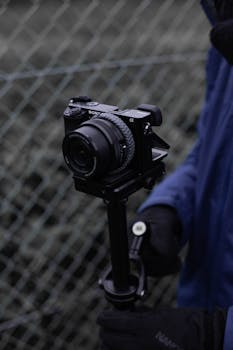 Detailed view of a camera mounted on a stabilizer held by a person in gloves.