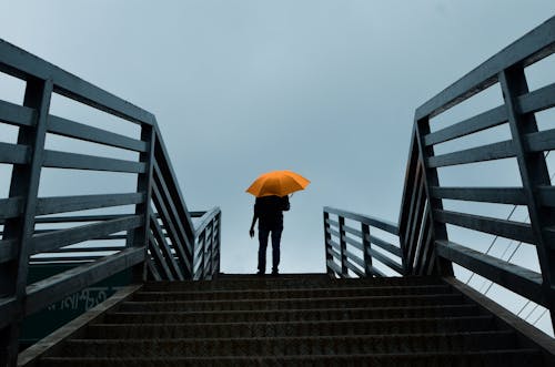 階段の上に立っている傘を持っている人