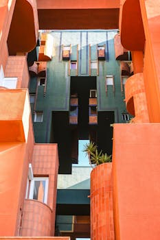 Colorful geometric building in Barcelona showcasing unique architecture.
