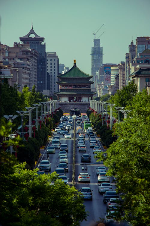 Traffic on Street with Bell Tower of Xian behind