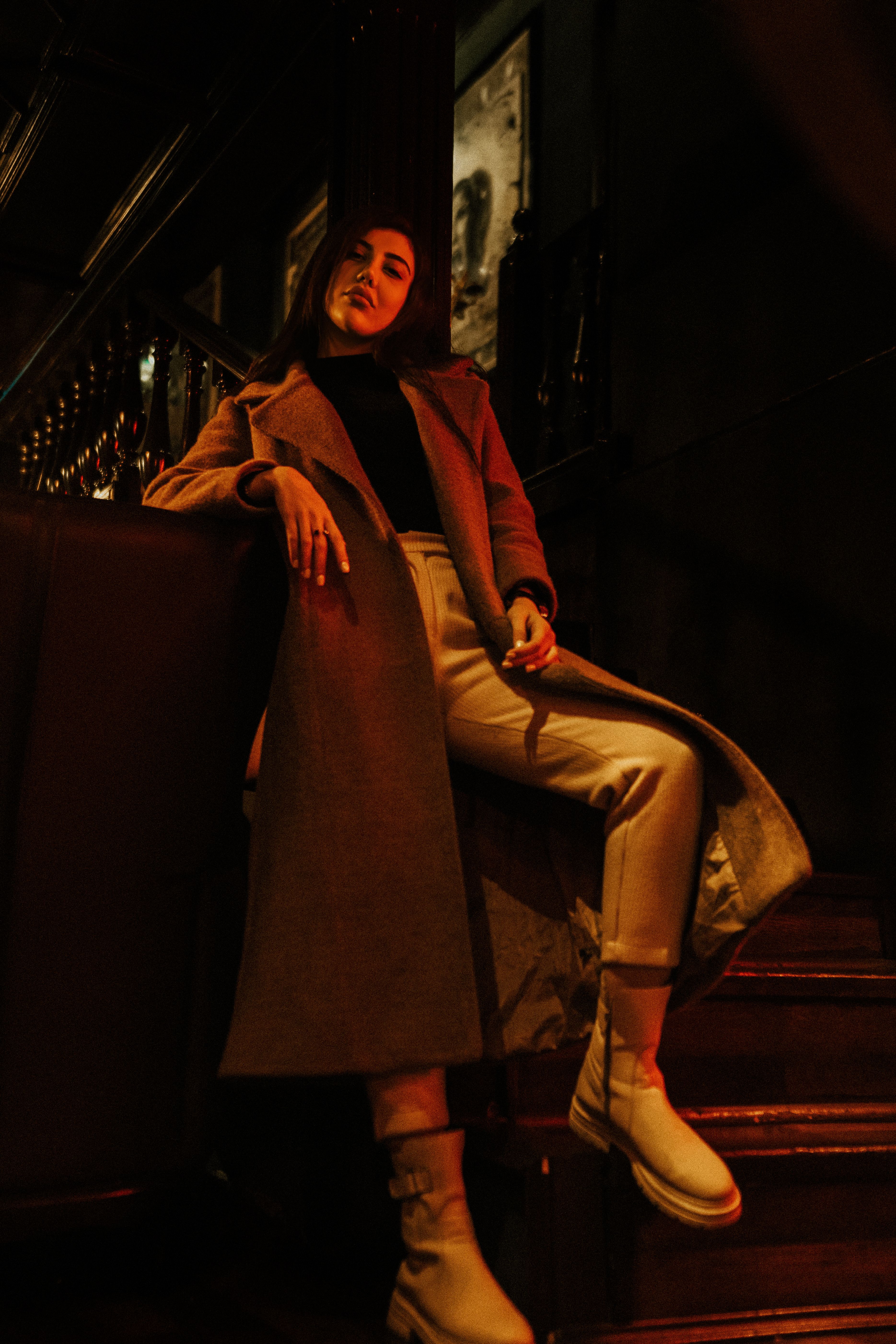 Woman in Coat Posing at Night · Free Stock Photo