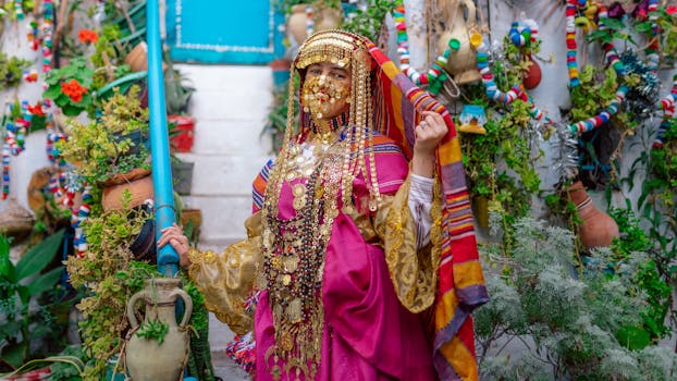 A woman in traditional clothing adorned with jewelry poses with a colorful backdrop in Hammamet.