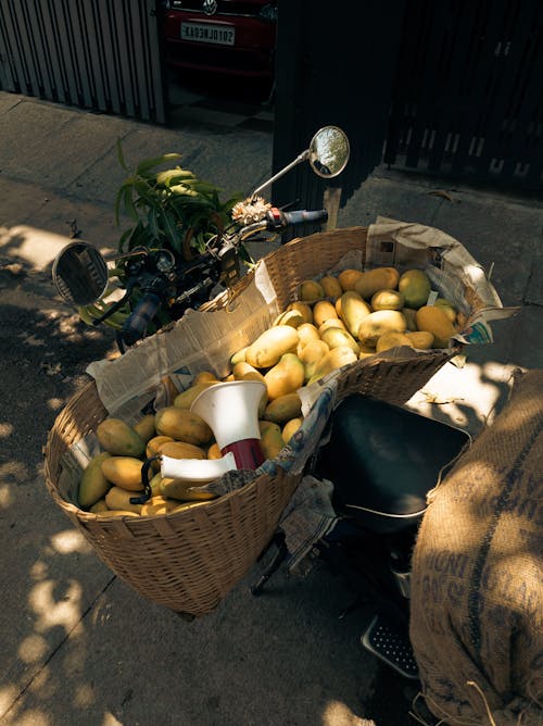 Fruits in Wicker Basket on Motorbike