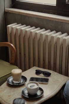 Warm café setting with cappuccino and smartphone on table next to radiator.