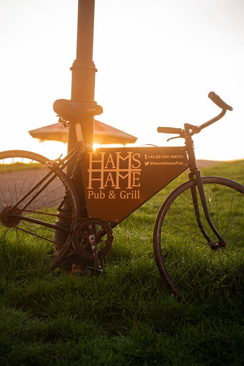 A Bicycle with a Pub Advertisement Leaning against a Lamppost 