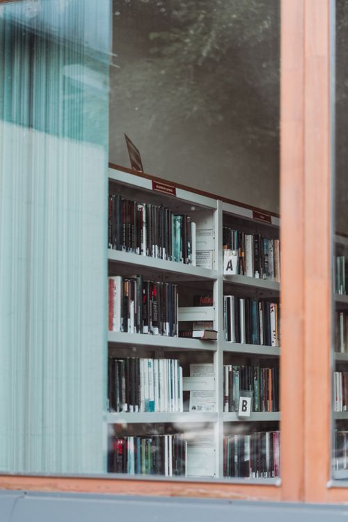 Library Bookcase Seen through Window · Free Stock Photo