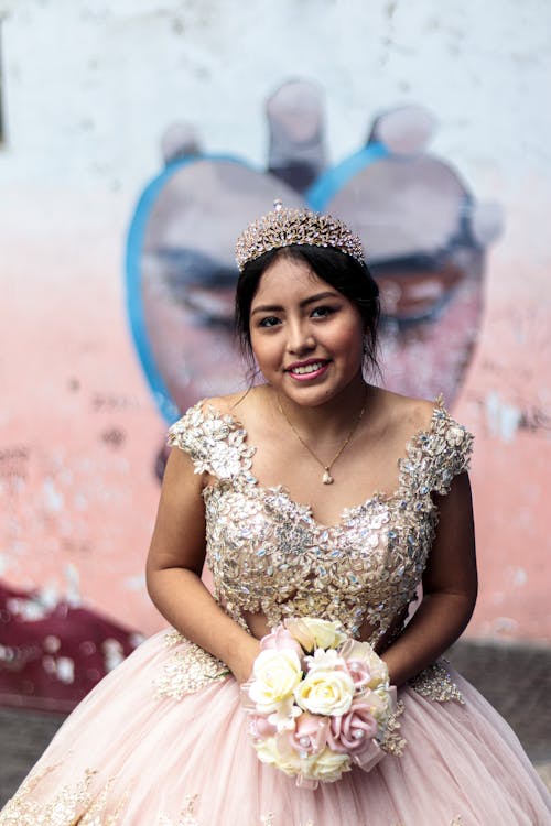 Portrait of Smiling Brunette Bride in Crown