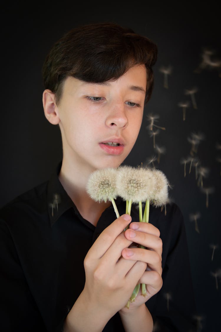 Boy Blowing On Puffs Dandelion