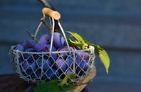 自然光下，一个装满新鲜紫色李子的篮子点缀着绿叶