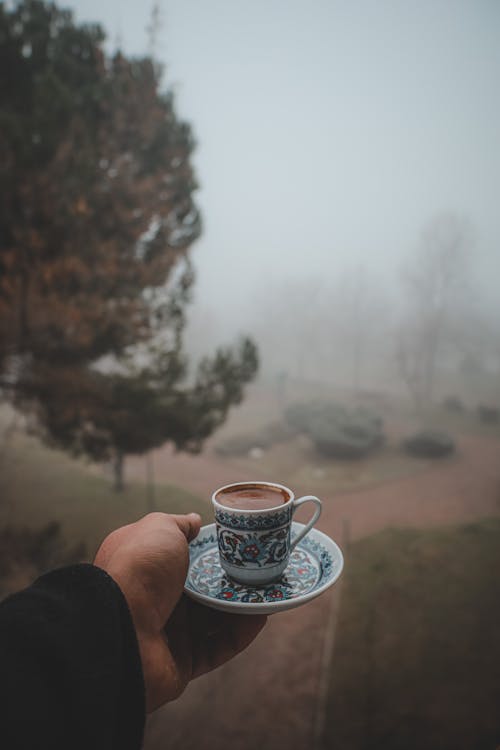 Hand Holding Coffee Cup in Park under Fog