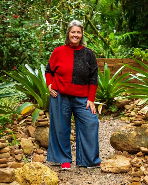 Woman in Sweater and Wide Jeans