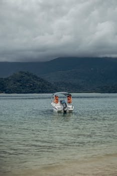 A solitary motorboat anchored near a mountainous coastline under an overcast sky.
