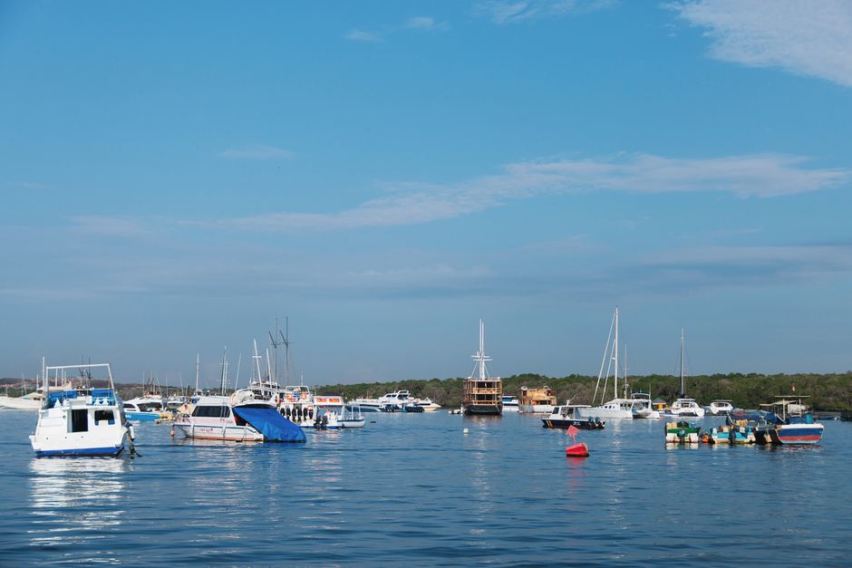 Peaceful scene of boats anchored in a harbor under a clear blue sky.