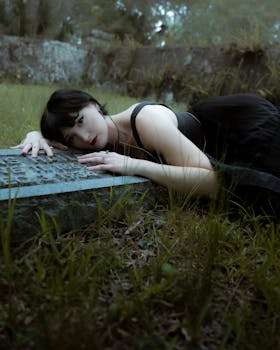 A gothic young woman with black hair lies pensively on a gravestone in Gainesville graveyard.