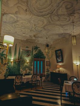 Explore the elegance of an Art Nouveau-style restaurant in Jodhpur, featuring distinctive ceiling art and vintage decor.
