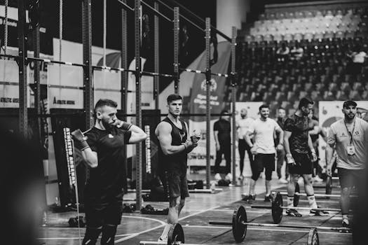 Black and white image of a fitness competition showcasing athletes and weights in a gym setting.