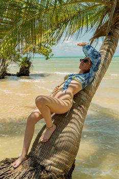 A young woman in beachwear lounging on a palm tree by the tropical coastline, enjoying the summer sun.
