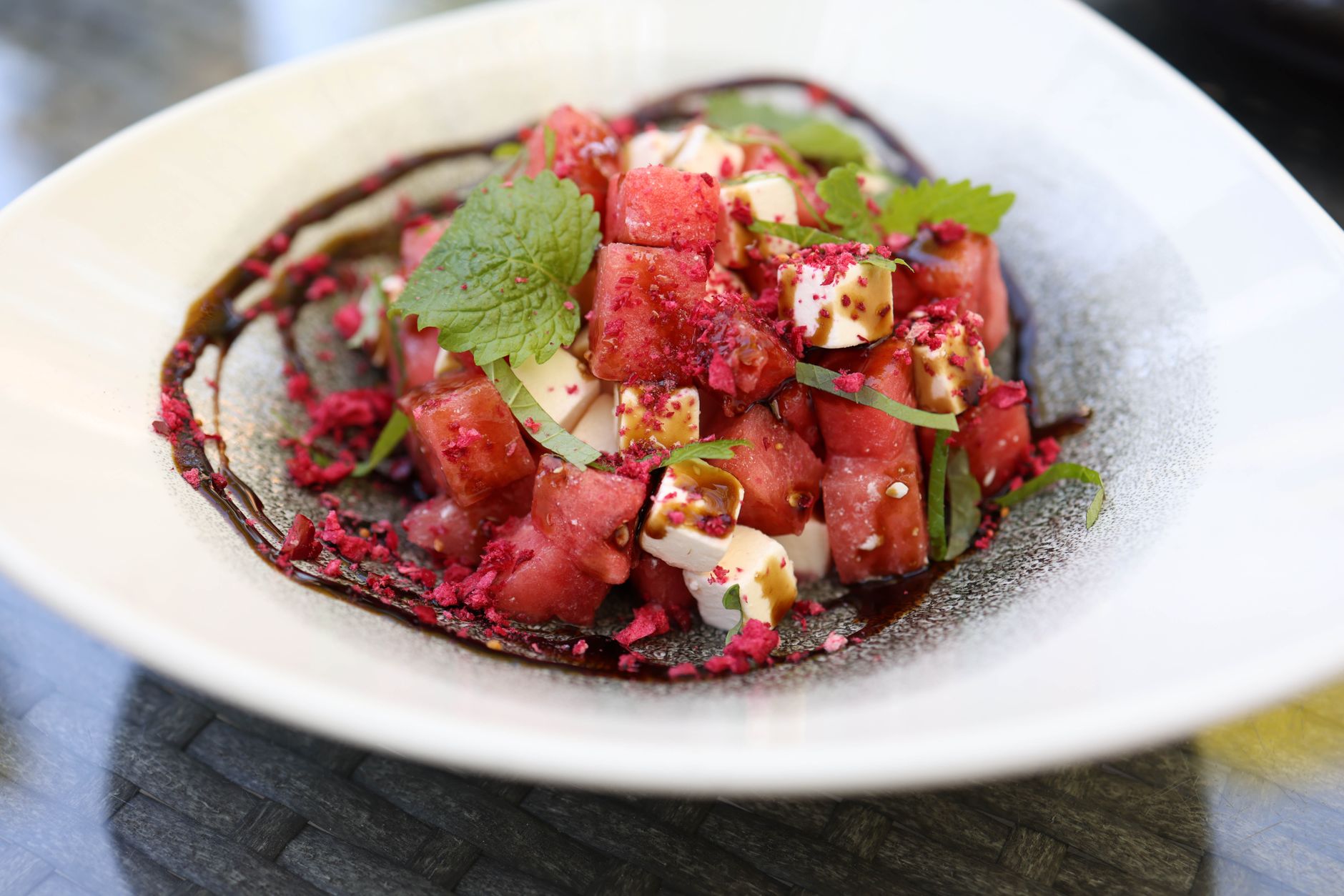 Fresh Arugula Watermelon and Feta Salad in bowl