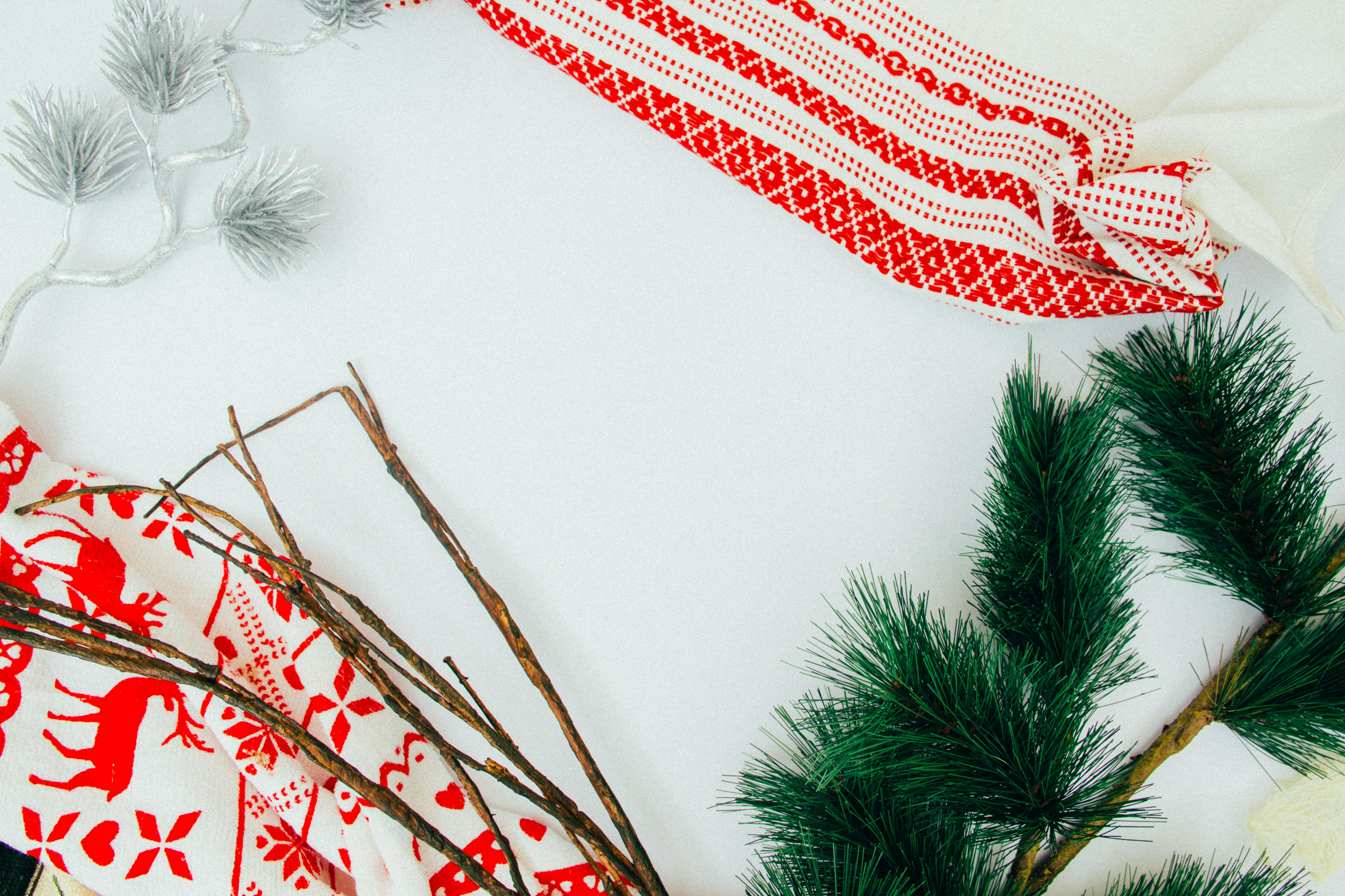 冬季主题装饰充满活力，以白色为背景，点缀着红色图案和绿色松枝