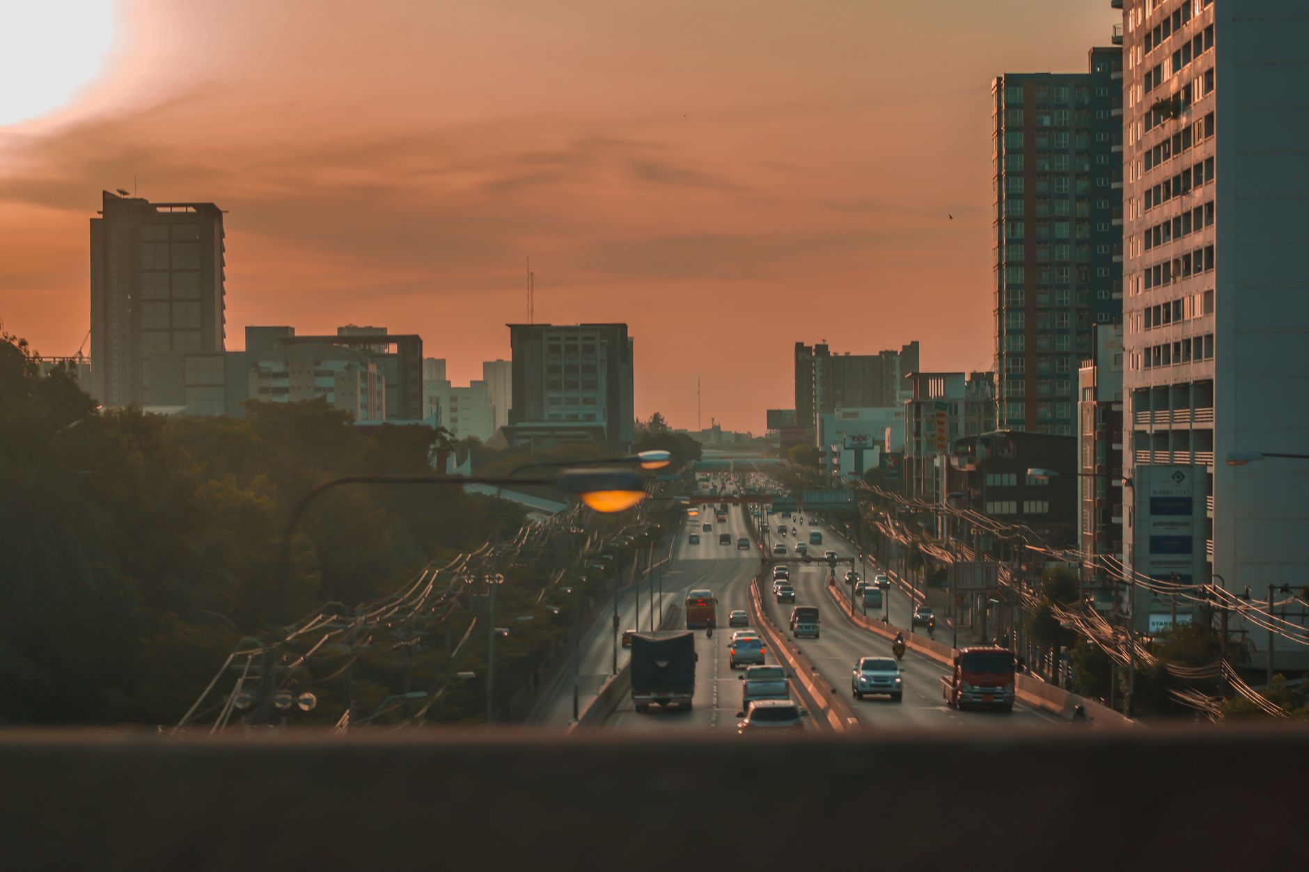 Sukhumvit Road looking down from the BTS skywalk at dusk