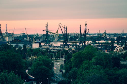 Cranes in the Gdansk shipyard in the evening