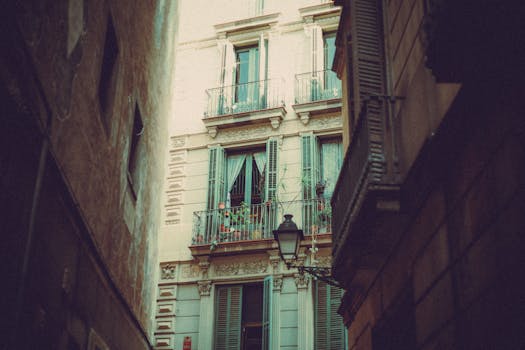 Vintage style low angle shot of a city building facade with balconies.