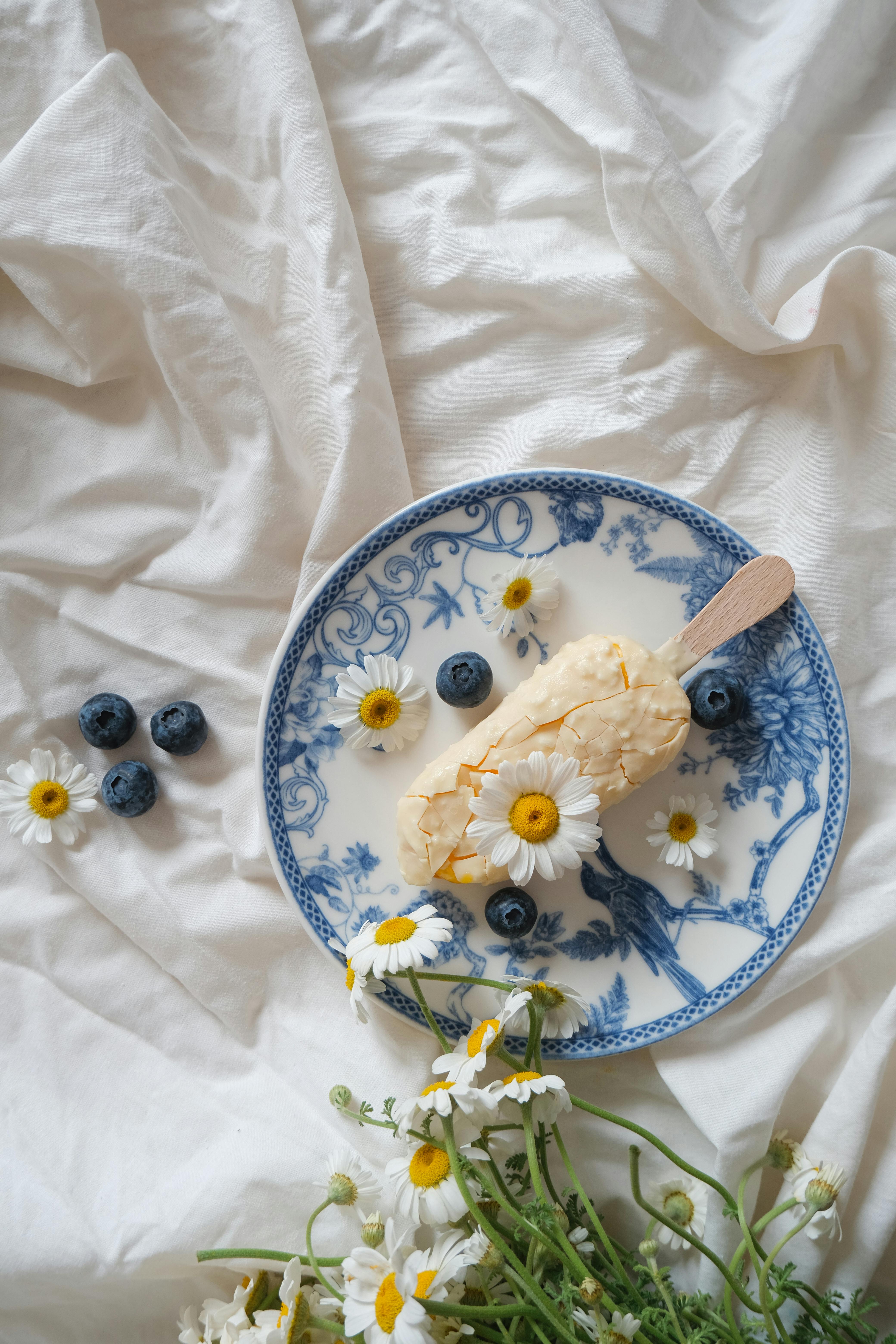 A creamy ice cream popsicle on a decorative blue floral plate, adorned with daisies and blueberries.