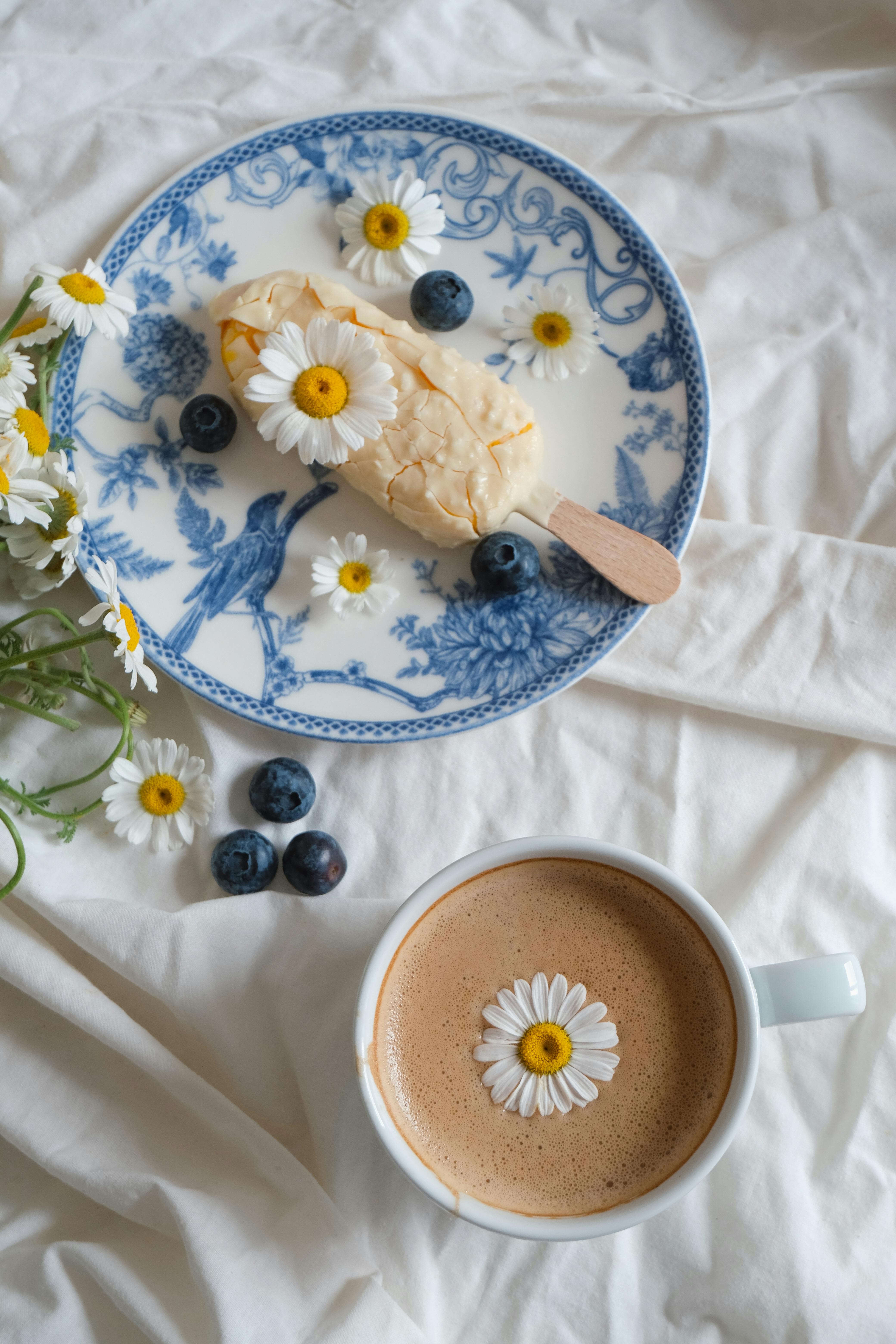 Elegant coffee cup with chamomile alongside a floral blue plate featuring chocolate ice cream.