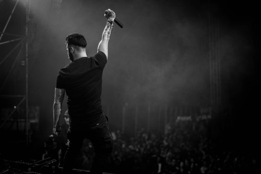 Energetic musician with microphone, entertaining crowd at live concert.