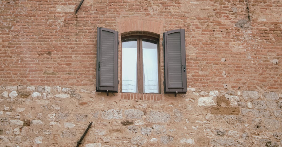 Vintage brick wall featuring an arched window with open wooden shutters, offering a glimpse of architectural charm.