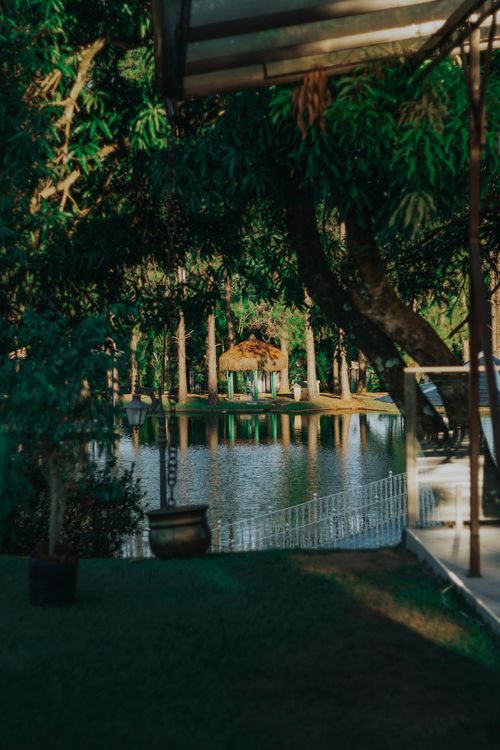 Free A peaceful garden scene with a gazebo by the pond, surrounded by lush greenery. Stock Photo