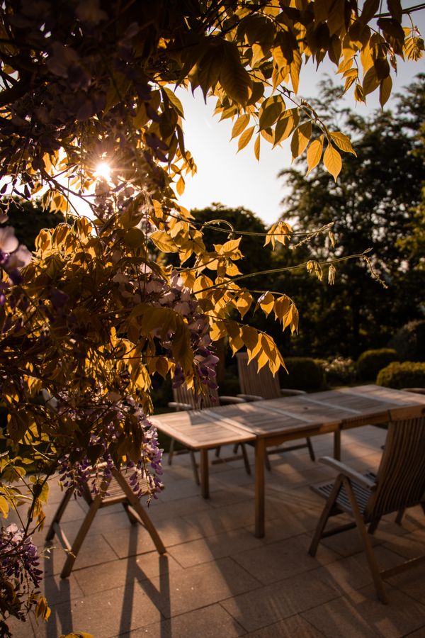 Patio with wooden furniture in golden light — photo by Tobi & Chris on Pexels