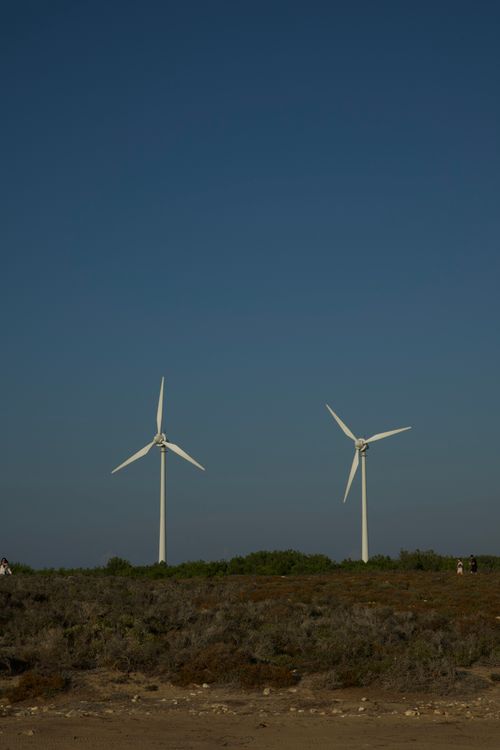 Free Captivating view of wind turbines in Bozcaada, Çanakkale, Türkiye against a clear blue sky. Stock Photo