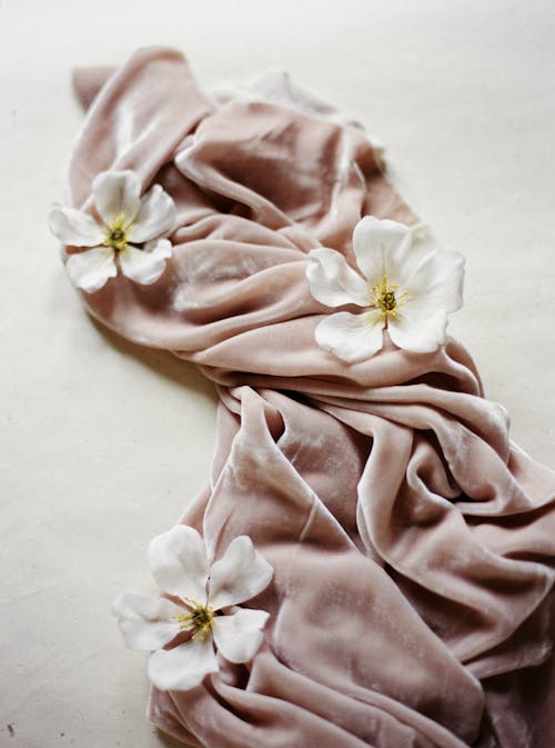 Light Pink Velvet Fabric and White Flower Heads 