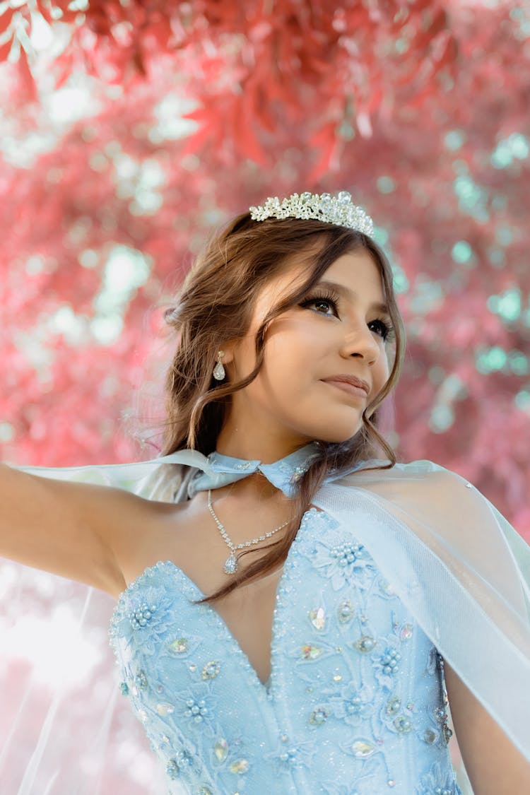 Young Woman In A Princess Dress And A Tiara Posing Outdoors 