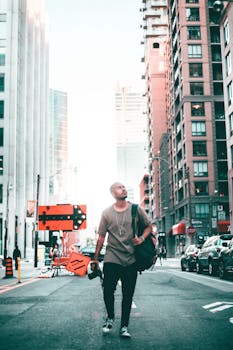 一个年轻人在多伦多市中心的街道上漫步，周围高楼林立