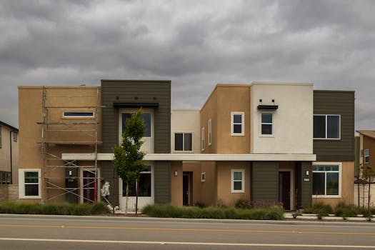 Contemporary residential houses with unique architecture under a cloudy sky. Street view with noticeable scaffolding.