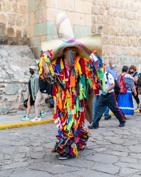 Colorful costume in a lively Mexican festival parade in Oaxaca city.