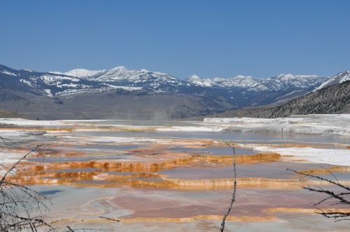 Free Explore the vibrant terraces of Mammoth Hot Springs with snowcapped peaks in Yellowstone. Stock Photo