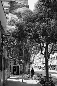 A black and white urban street scene highlighting city architecture and daily life.