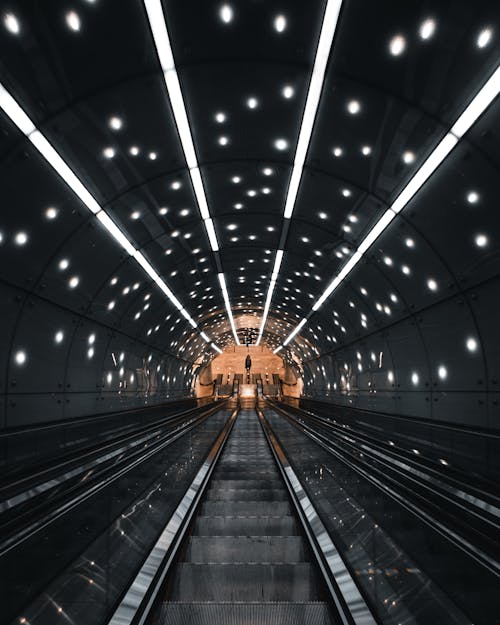 Illuminated Escalator in Metro Station 