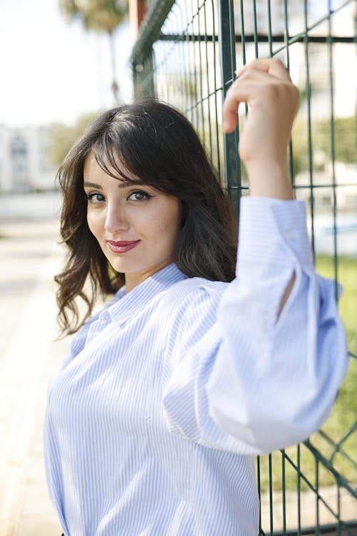 Brunette in Striped Shirt